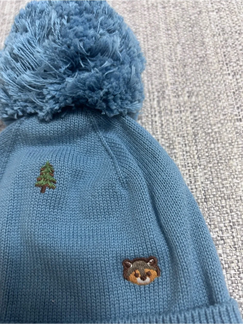 Janie and Jack Dusty Blue Pom-Pom Knit Beanie Embroidery NWT. SIZE 0-3M